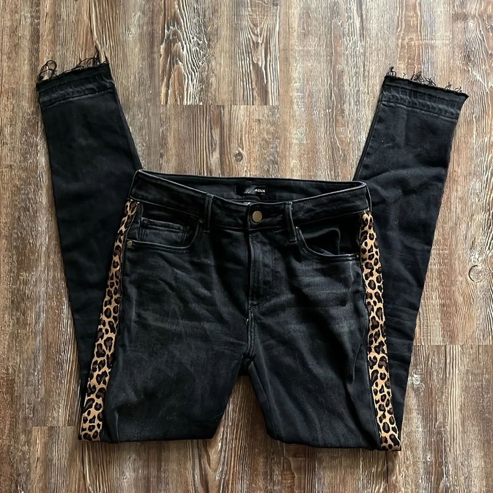 Aqua Black Skinny Leopard Tuxedo Stripe Slim Animal Print Raw Hem Ankle Jeans - Picture 2 of 4